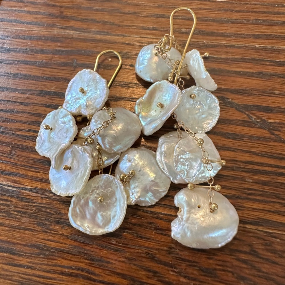 Gold and Pearl Drop Cluster Earrings - White Baroque Pearl Dangles - Picture 2 of 2
